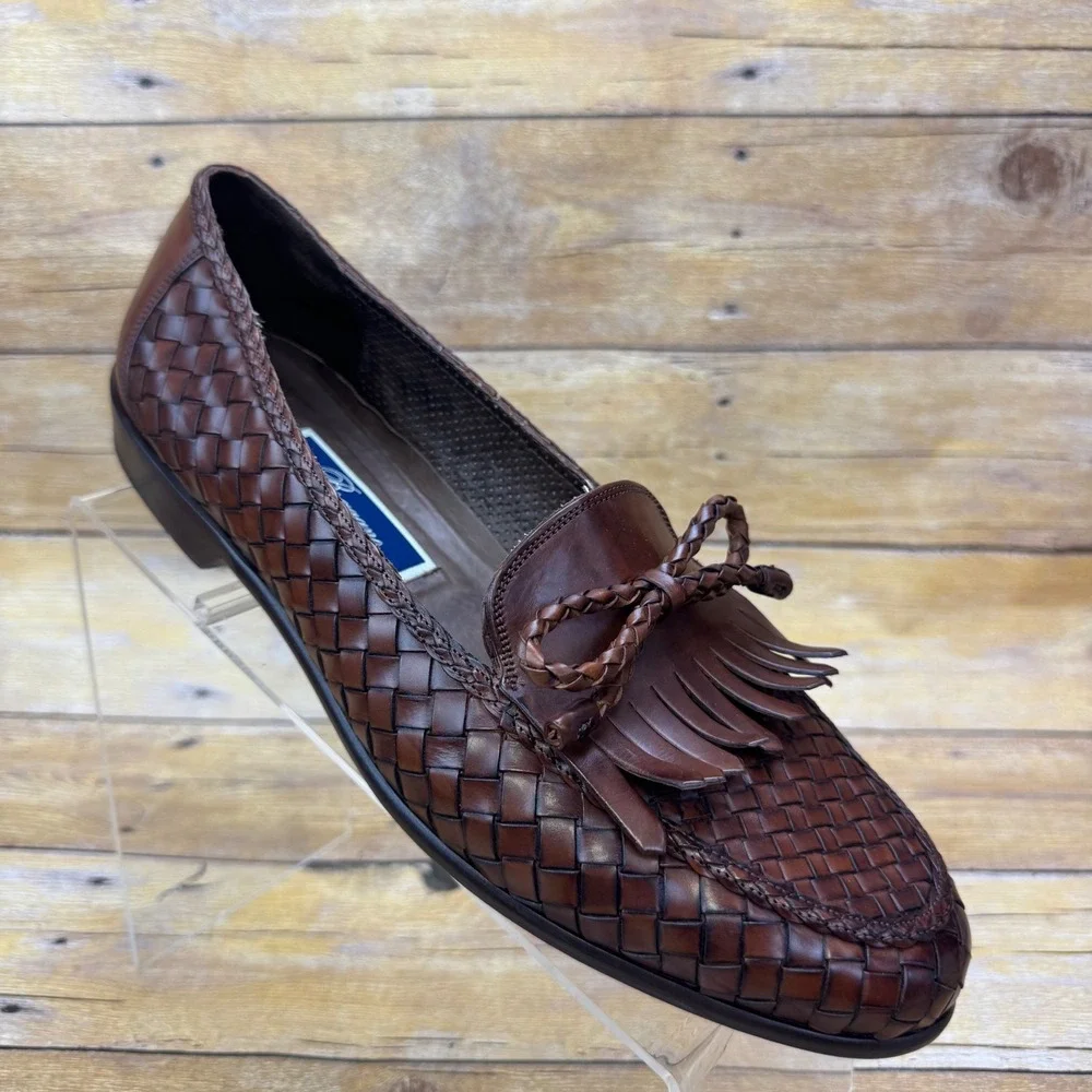 Vintage Bragano Cole Haan Men 10 Woven Leather Kiltie Tassel Loafer Brown Italy